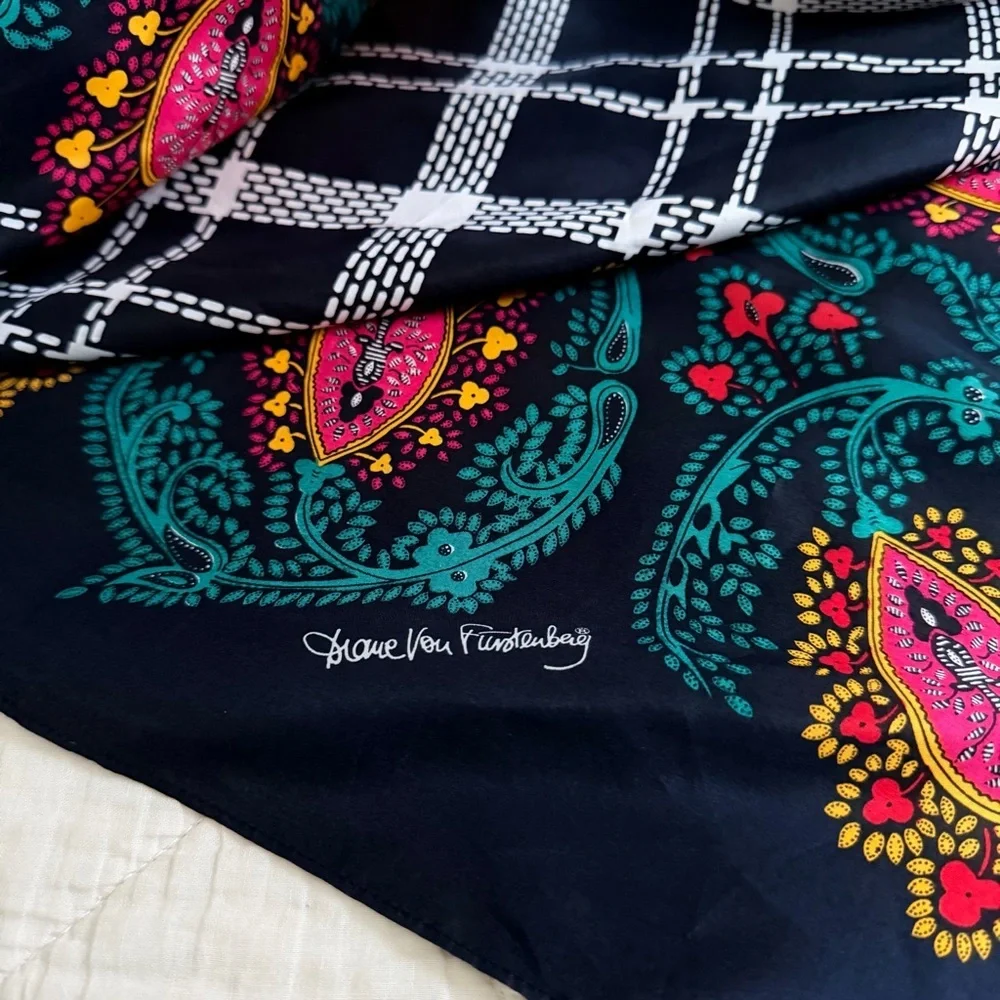 Diane von Furstenberg Silk Scarf Black Paisley Colorful Print 42”x42”
